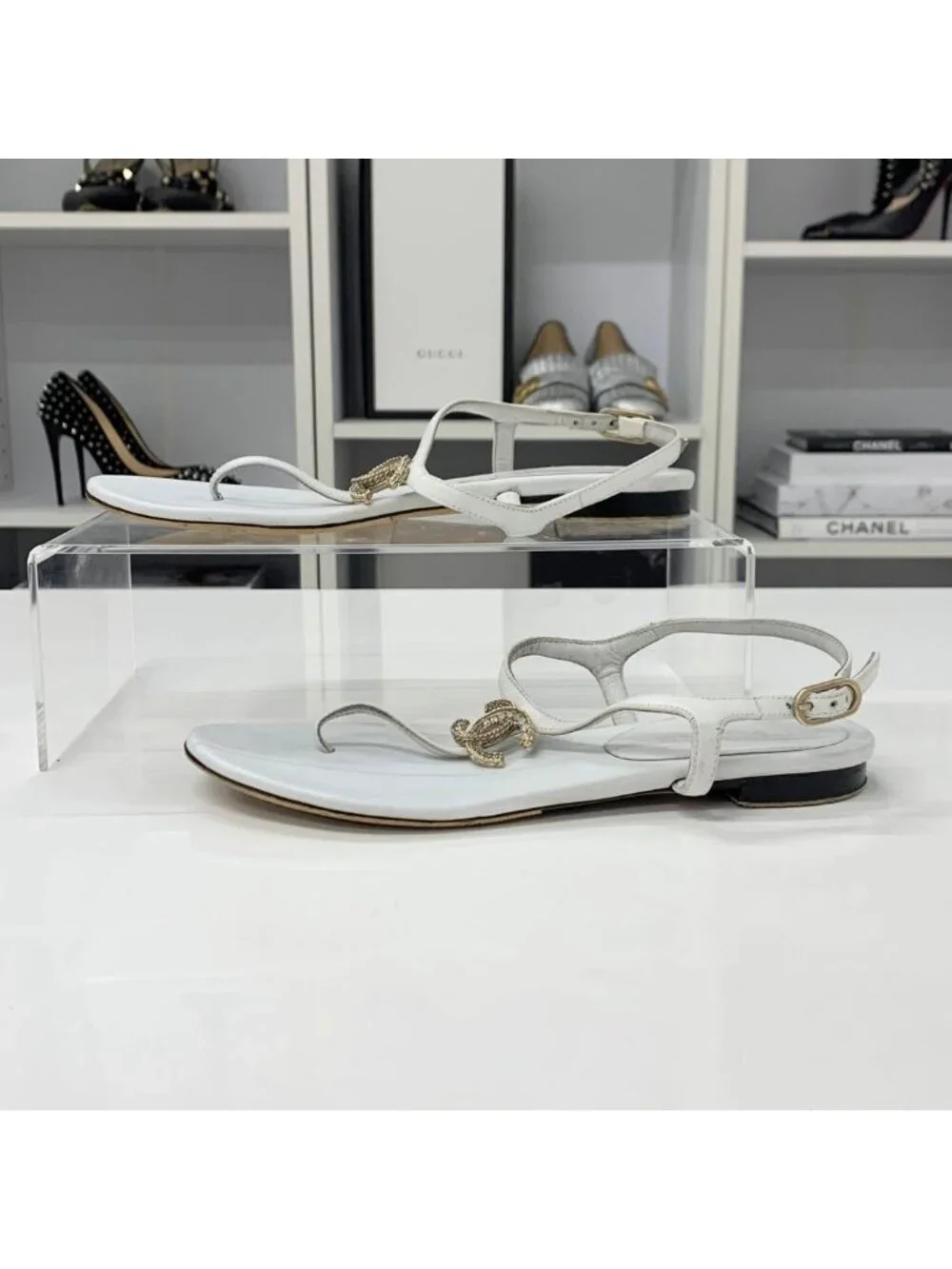 Chanel CC Logo Leather Line Stone Strap Thong Sandals
